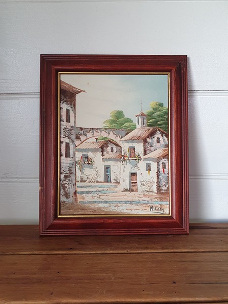Vintage Oil painting M Relg Village Italy  town  1960s  BLT2