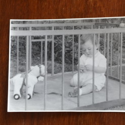 vintage black and white photo toddler in the garden