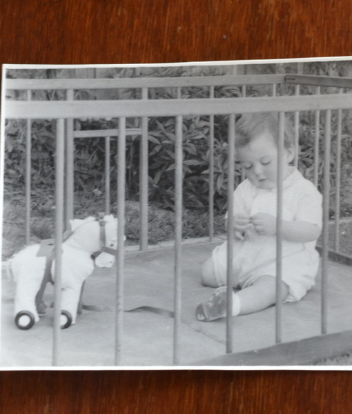 vintage black and white photo toddler in the garden