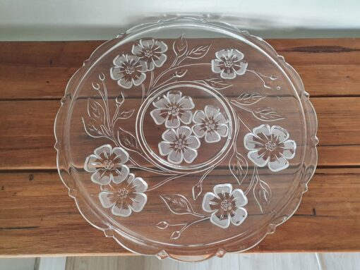 Vintage cut glass dish serving tray tableware flowers cake plate PLt2