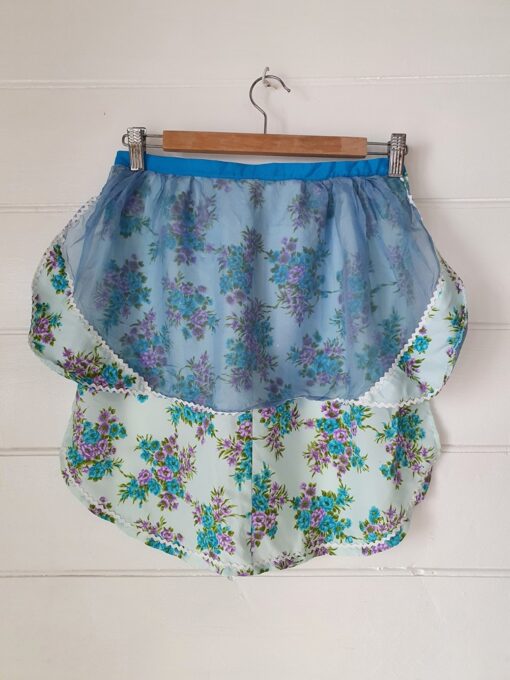Vintage  apron retro baby blue flowers two layers flowers DBT4