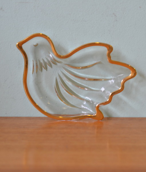 Vintage glass dish dove bird gold plated