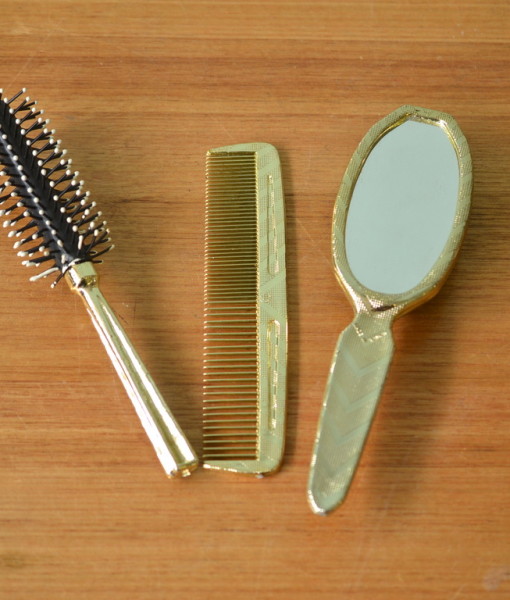 Vintage hair brush comb and mirror brush gold