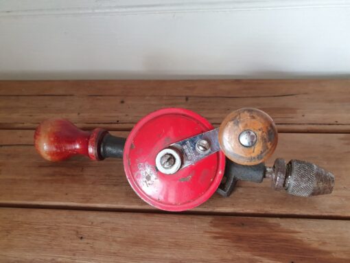 Vintage old Hand drill tool  cast iron metal wood red BGT2