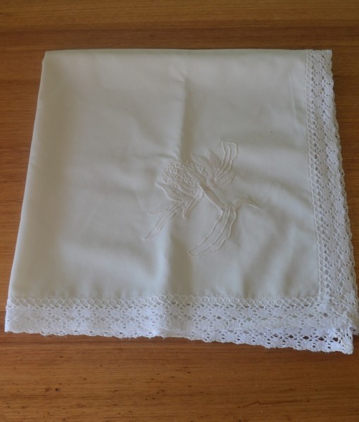 Vintage  embroidered square white table cloth 3195