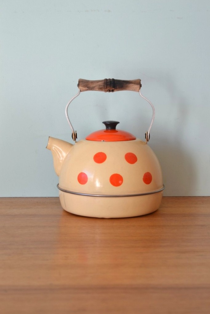 Vintage Retro orange cream polkadot enamel teapot