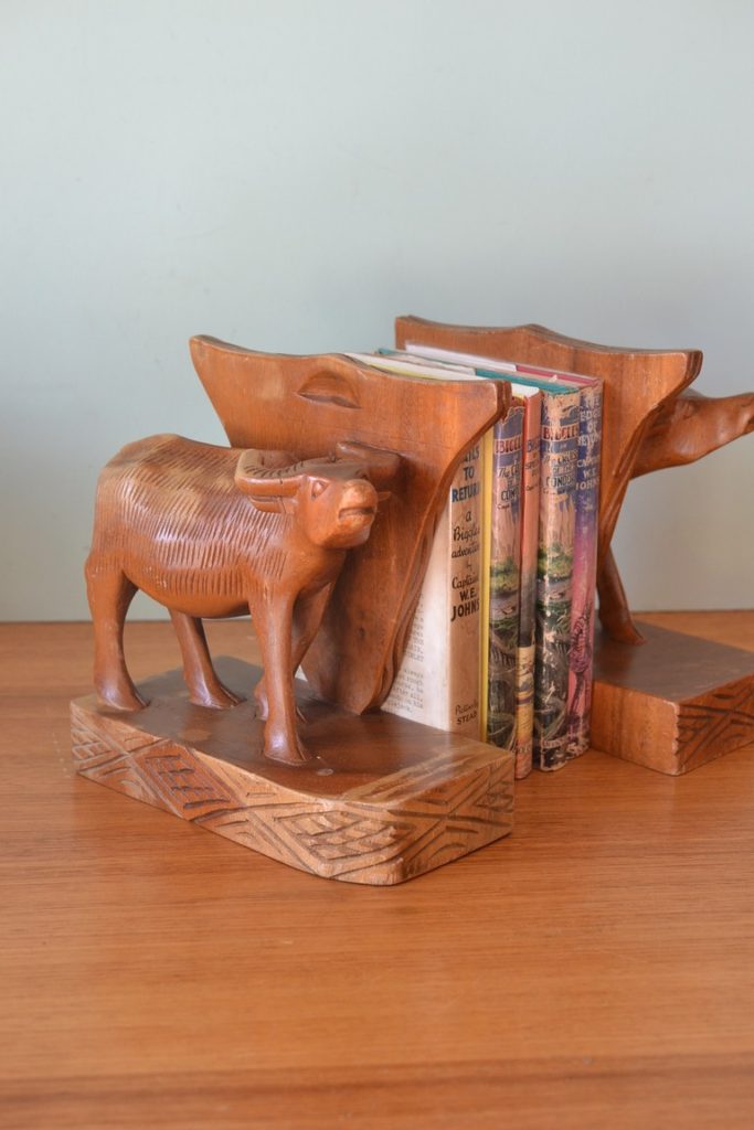Vintage Wooden water buffalo book ends mid century