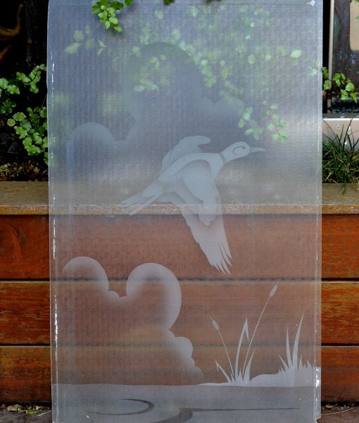 Art Deco etched frosted glass window insert flying ducks geese
