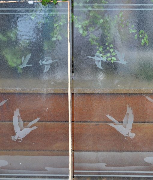 Vintage etched frosted glass window panel insert flying ducks geese x2