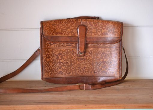 Vintage Leather mens briefcase Tokyo tribal figures satchel