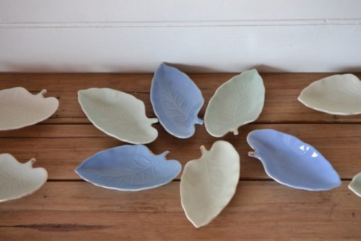 Vintage 10 x ceramic leaf dish plates green mauve Japan