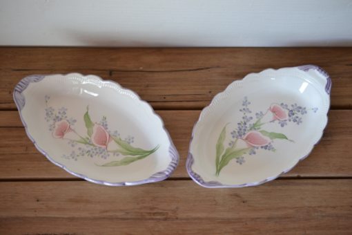 Vintage 2 x ceramic serving dish plates pink lily flower Japan
