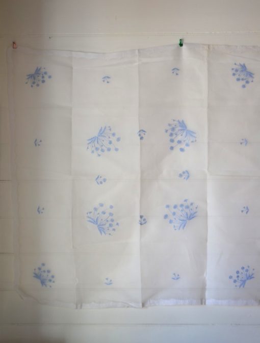 Vintage square sheer white and blue flowers embroidery