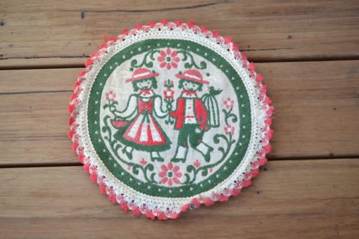 Vintage folk art embroidered teapot coaster stand rest Doily