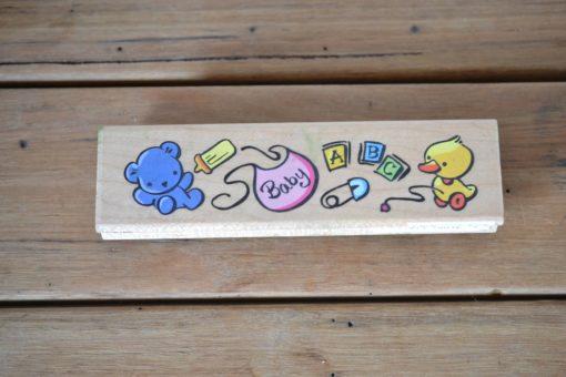 Vintage Wooden rubber ink stamp  baby cute duck teddy bear USA