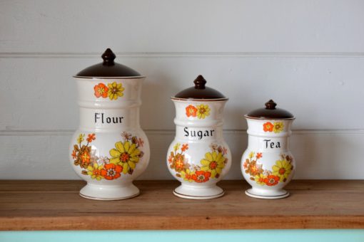 Vintage kitchen Ceramic canistes flower orange yellow storage Flour sugar tea