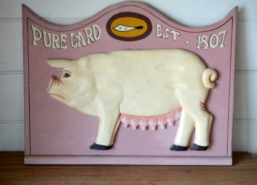 Vintage wooden hand carved and painted sign pig 2D 1980s