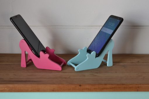Hand made pink or Blue wooden shoe phone holders
