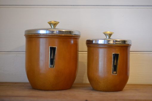 Vintage Retro metal kitchen canisters faux wood Chown Australia x2