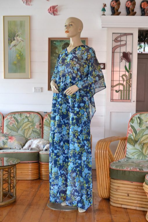 Vintage blue floral maxi dress boho bat wing sleeves size 16 AUS 14 USA size