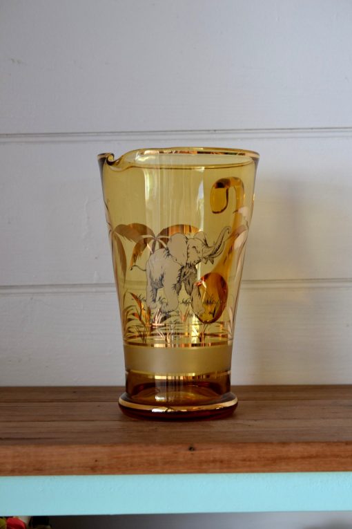 Vintage glass jug pitcher retro kitsch palm tree elephant gold