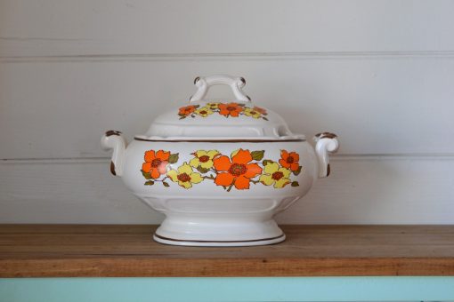 Vintage serving ceramic Casserole dish tureen retro orange yellow flowers
