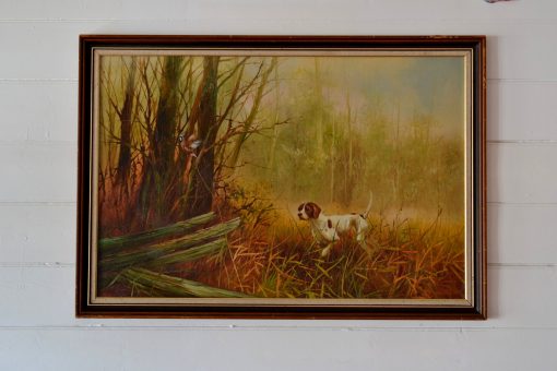Vintage oil painting hunting dog country scene P Lambert