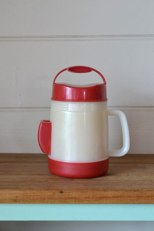 Vintage Aladdin red & white plastic thermos microwave safe