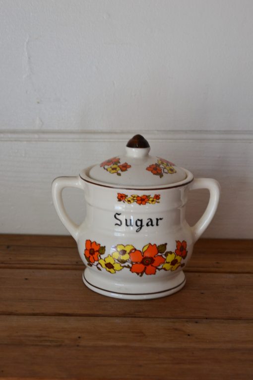 Vintage kitchen Ceramic sugar canister flower orange yellow