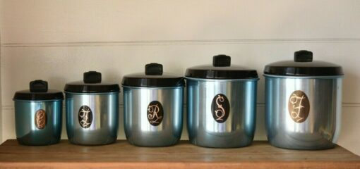 Vintage Kitchen blue anodised canisters Model Maid by Jason x5