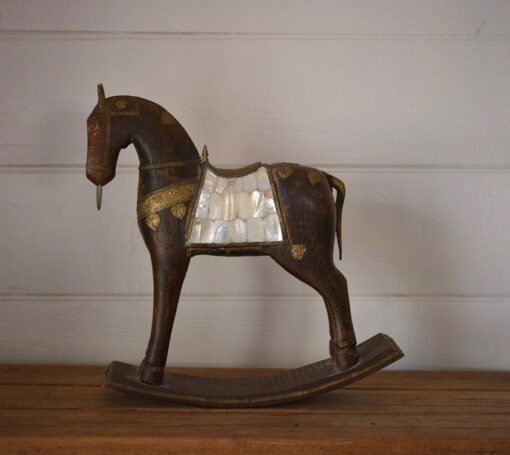 Vintage wooden horse figure mother of pearl figurine
