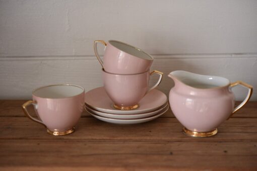 Art Deco 1920s pink x 3 tea cups saucers 1 x milk jug fine china Victoria Czechoslovakia