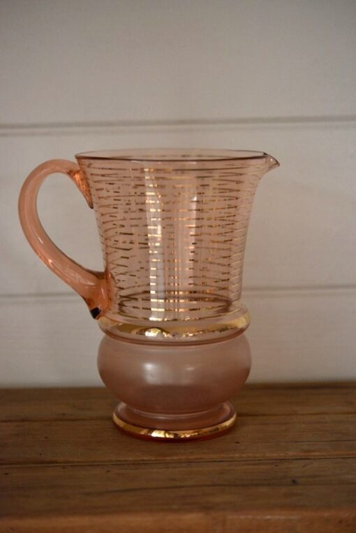 Vintage 1950's pink glass jug pitcher gold gilding