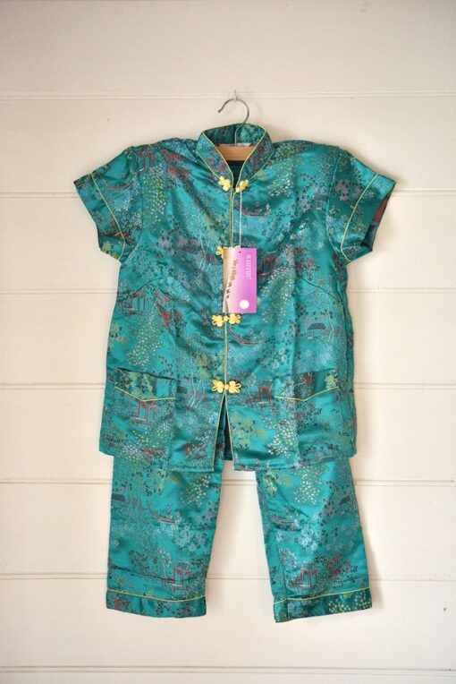 Vintage child's top & pants traditional Chinese oriental ebroidery size 10  turquoise