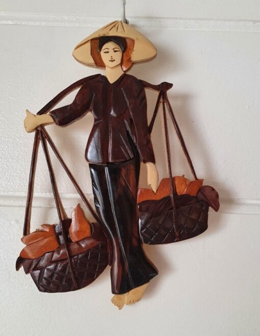 Vintage wooden inlay mid century oriental  Asian woman lady wall hanging
