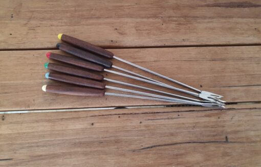 Vintage 6 x Fondue Forks wooden handle Stainless steel Japan YLBT12