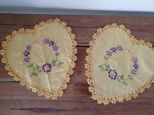 Vintage 2 x yellow love heart doily doilies round embroidered purple