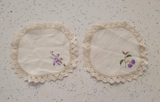 Vintage 2 x small doily doilies round embroidered purple