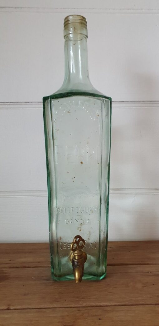 Vintage old bottle tall Spanish green glass distillary decanter tap BGt2
