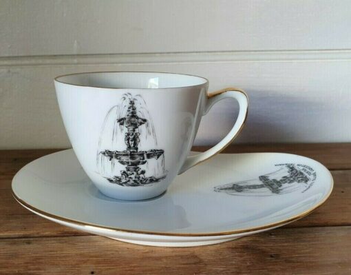 This is a beautiful Duo set by Westminster Australia fine china. It has the Princess Square Fountain - Launceston Motif on the cup and saucer. It is in excellent condition, both the cup and saucer, with no chips, cracks or crazing. The gilding  shows little wear.  Pick up is in Mordialloc, 3195  Dimension of cup : 10.5 cm W including handle  x 6 cm H Dimension of small plate: 17 cm w