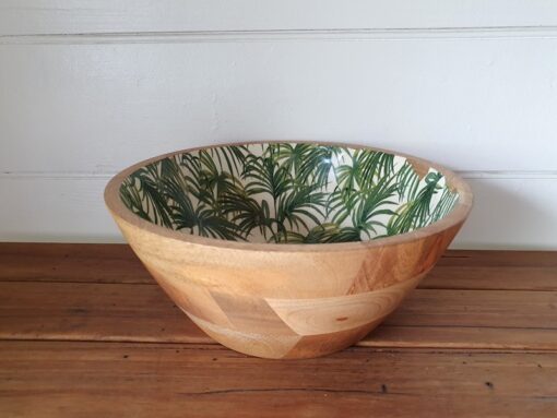 Vintage wooden bowl palm trees display tropical kitsch