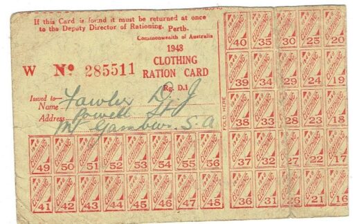 Australian 1948 Clothing Ration card WWII